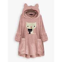 Cat Embroidery Hooded Pocket Irregular Hem Fleece Casual Sweatshirt