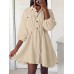 Solid Drawstring Button Lapel 3 4 Sleeve Shirt Dress