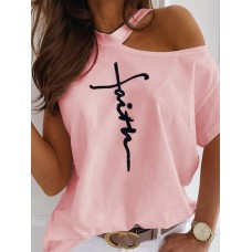 Women Script Print Design Shoulder Casual Short Sleeve T  Shirts