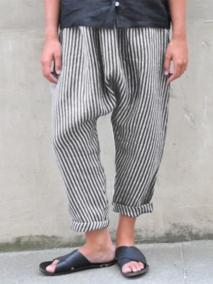 Women Stripe Elastic Waist Side Pockets Harem Pants