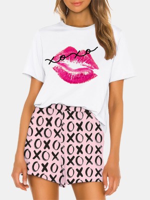 Women Funny Kiss Letter Print Loose Print Loose Breathable Pajama Set