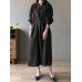 Solid Belt Loose Puff Long Sleeve V  neck Shirt Dress