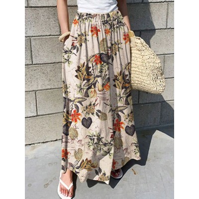 Women Floral Print Elastic Waist Pleated Casual Wide Leg Pants With Pocket