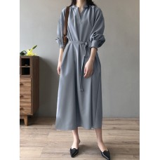 Solid Belt Loose Puff Long Sleeve V  neck Shirt Dress