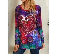 Women Graffiti Heart Floral Print Round Neck Casual Long Sleeve T  Shirt