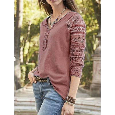 Women Random Print Long Sleeve Button Knit Ethnic Bohemia T  Shirts