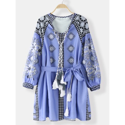 Plus Size Bohemia Vintage Print Tassel Puff Sleeve Floral Dress with Belt