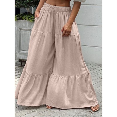 Casual Solid Elastic High Waist Pleated Stitching Wide Leg Pants For Women