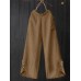 Women Casual Solid Color Button Split Cuffs Elastic Waist Wide Leg Pants With Pocket