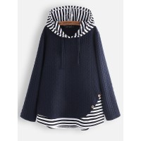 Jacquard Striped Patchwork Button Knit Hooded Sweatshirt