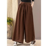 Women Casual Drawstring Waist Solid Color High Waist Wide Leg Pants With Pocket
