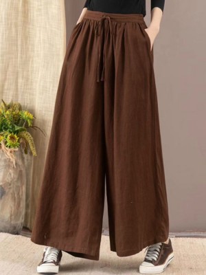 Women Casual Drawstring Waist Solid Color High Waist Wide Leg Pants With Pocket